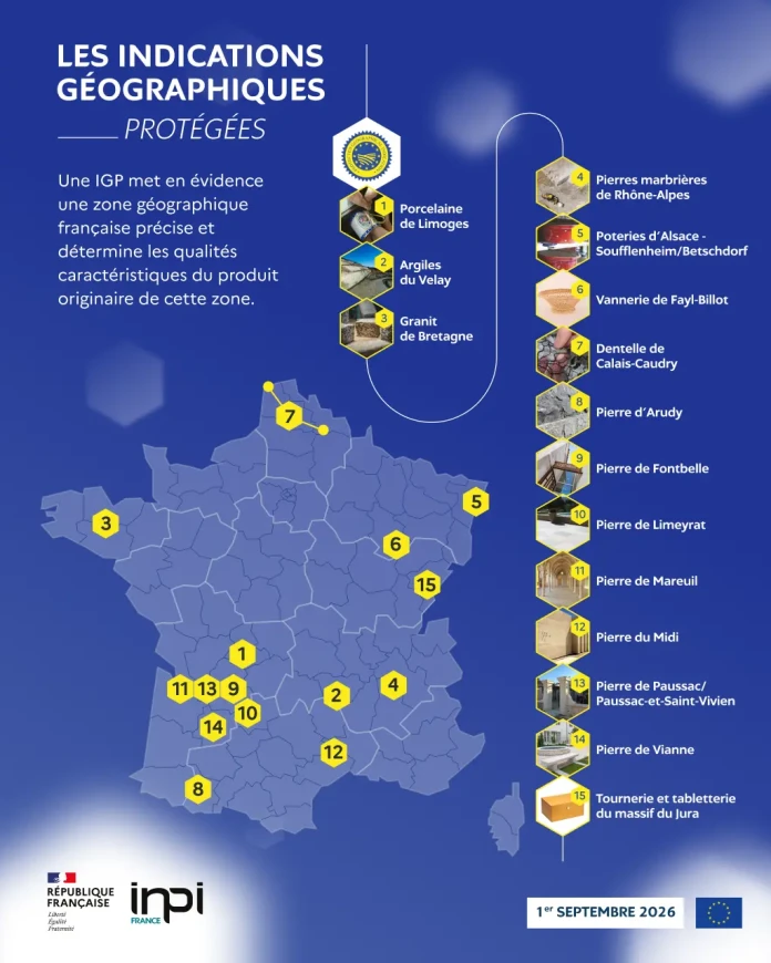 Carte des IGP françaises montrant notamment les pierres d’Arudy, de Fontbelle, de Limeyrat, de Mareuil, du Midi, de Paussac et de Vianne.