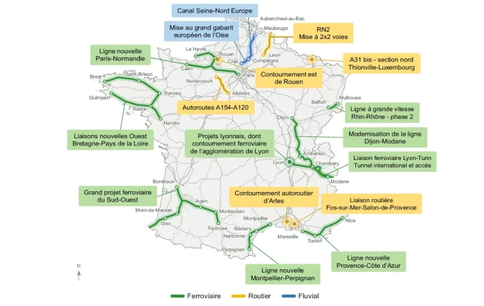 Carte de France localisant les principaux projets d’infrastructures de transport ferroviaires, routières et fluviales examinés en 2026 par le Conseil d’orientation des infrastructures, dont le Canal Seine-Nord Europe, les nouvelles lignes ferroviaires et plusieurs aménagements autoroutiers.